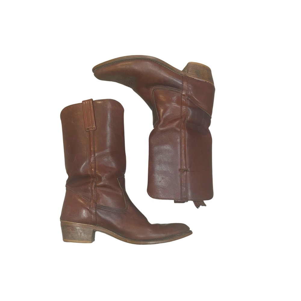Vintage Dexter Mens Brown Leather Cowboy Boots Western Pointed Toe Stacked Heel